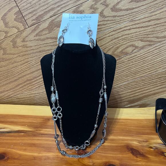 Lia Sophia Charade Silver Tone W Black Beading Necklace Earrings Set Layered NEW - Picture 1 of 11
